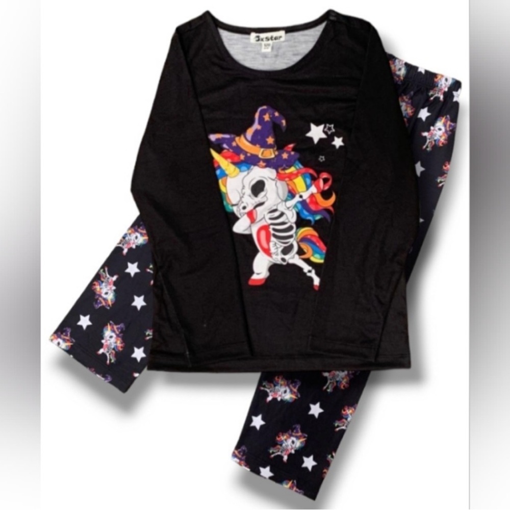 Girl's set, size 4/5, Halloween,Black Kids Long Sleeve Shirt with Unicorn Design